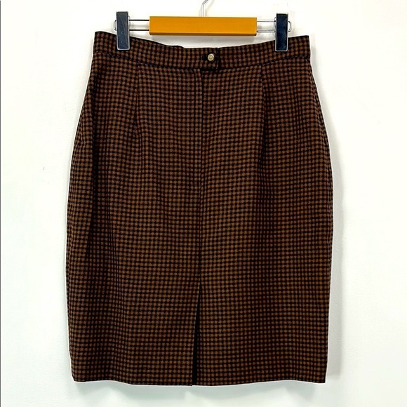 Vintage Braemar Petites Pure Virgin Wool Brown Checkered Women's Skirt Lined - Picture 1 of 11